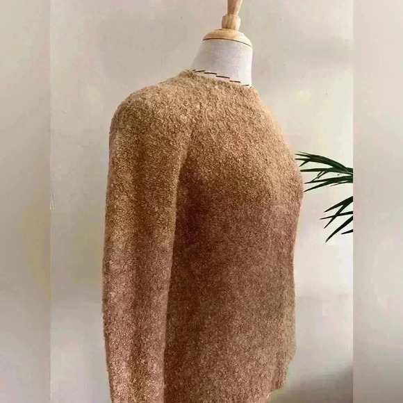 Mango Basics Warm Tan Faux Shearling-Look Sweater XS | Beige Pullover Crew Neck - Picture 2 of 7